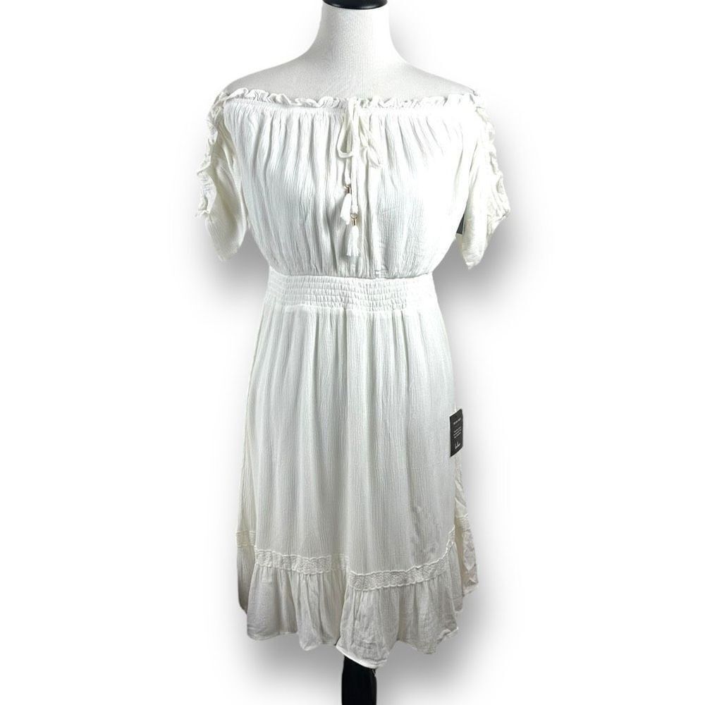 Lulu's Women's L Palmeras Off Shoulder Flutter Mini Dress White Smocked Ruffle